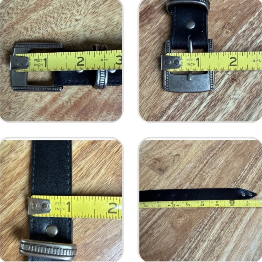 Vintage Western Belt Black Silver Buckle Tip Cowboy Boho Etched Metal Statement